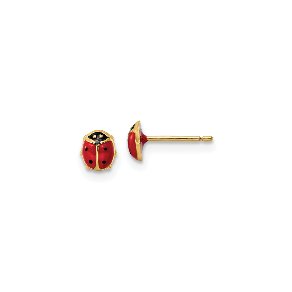 14k Yellow Gold Ladybug Stud Earrings, Red and Black Enamel Insect Jewelry for Women and Girls