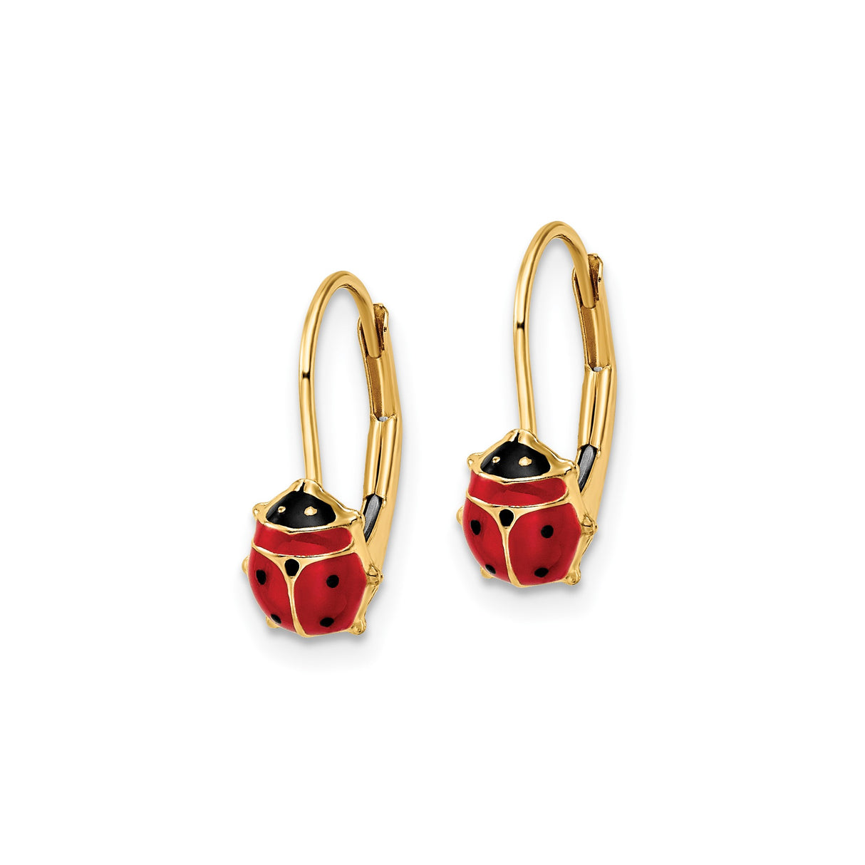 14k Yellow Gold Ladybug Leverback Earrings with Red and Black Enamel, Cute Bug Design for Girls