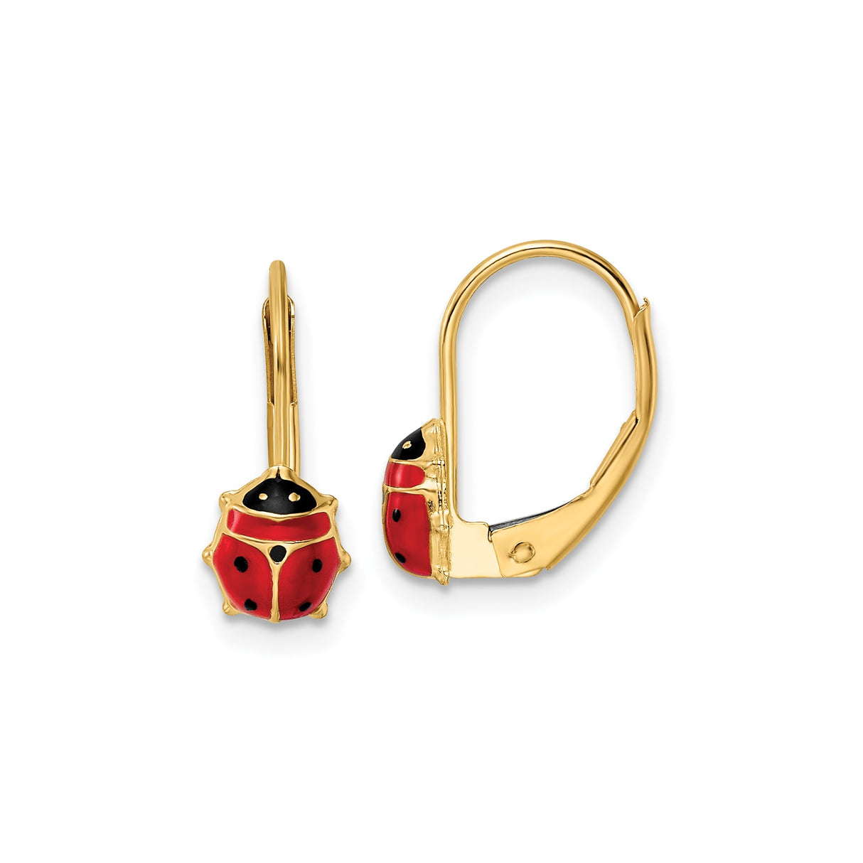 14k Yellow Gold Ladybug Leverback Earrings with Red and Black Enamel, Cute Bug Design for Girls
