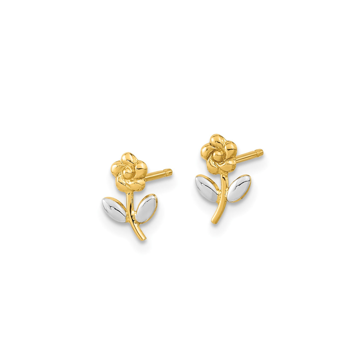14k Yellow Gold Dual-Tone Flower Stud Earrings with Rose and Leaf Design