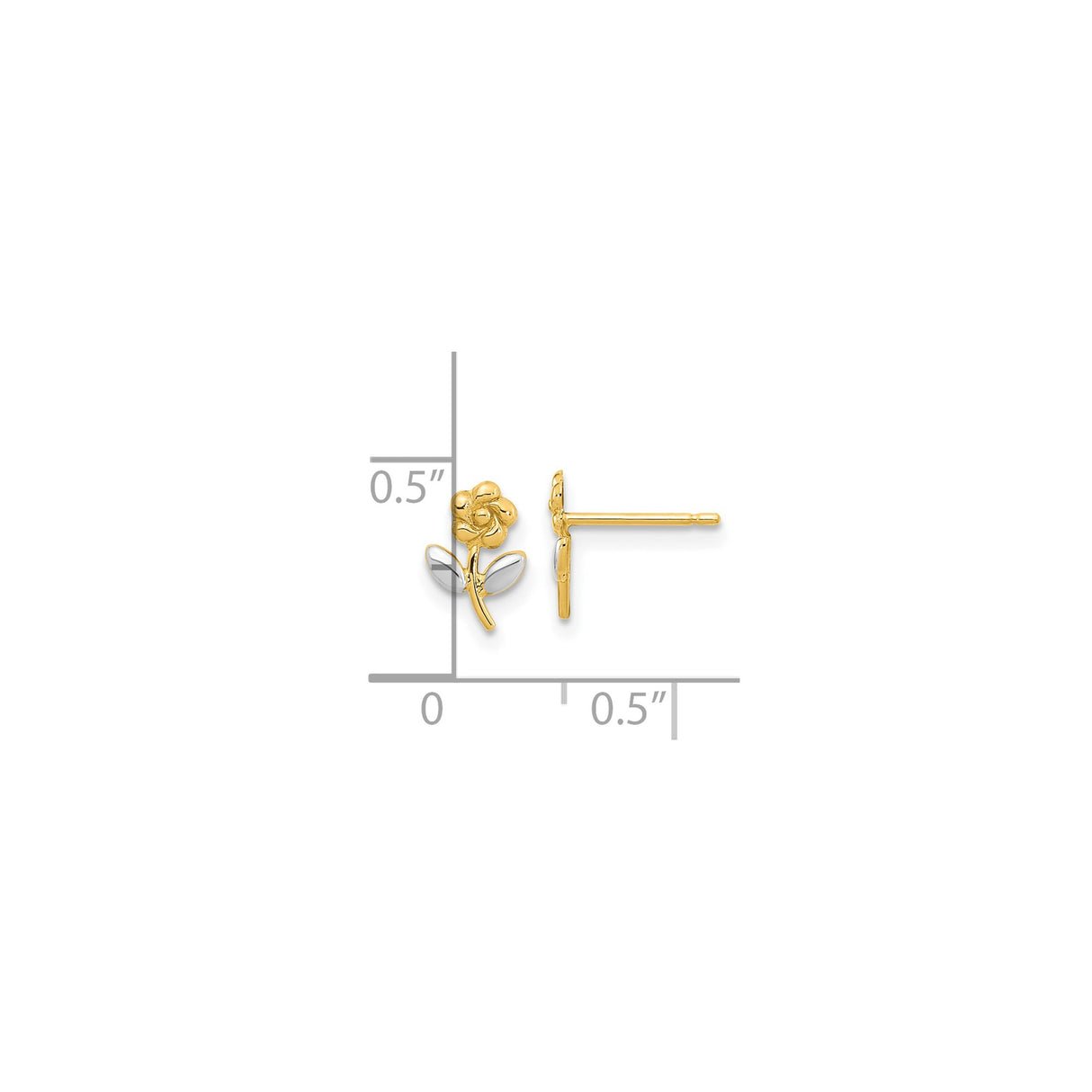 14k Yellow Gold Dual-Tone Flower Stud Earrings with Rose and Leaf Design