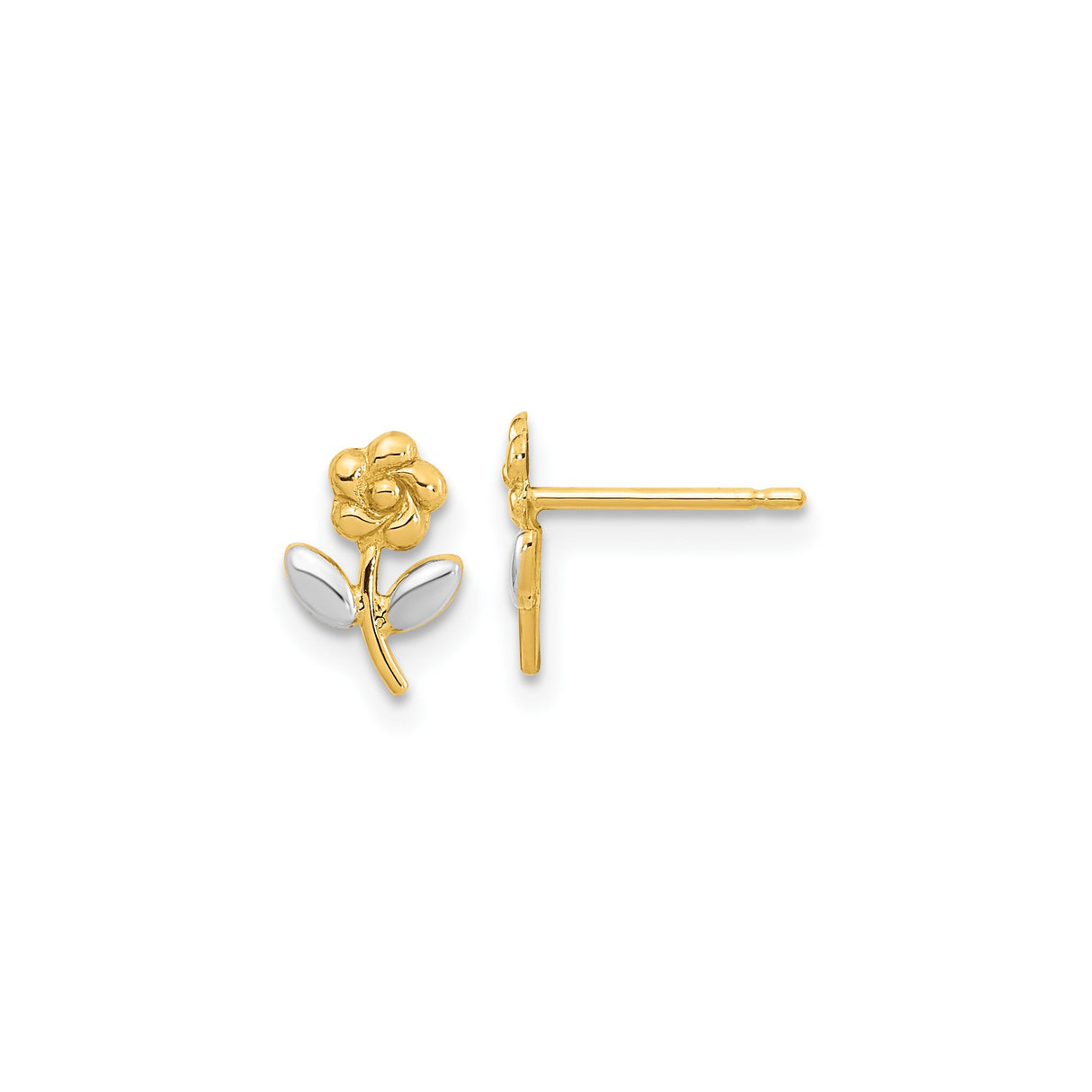 14k Yellow Gold Dual-Tone Flower Stud Earrings with Rose and Leaf Design