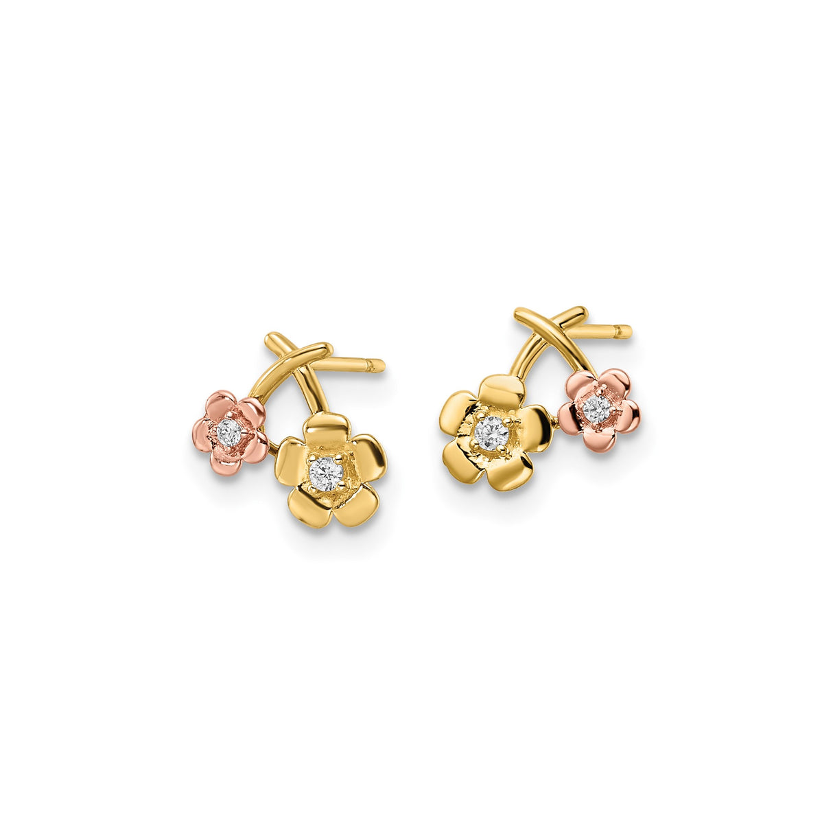 14k Yellow Gold Stud Earrings with Cubic Zirconia, Two-Tone Floral Double Petal Design