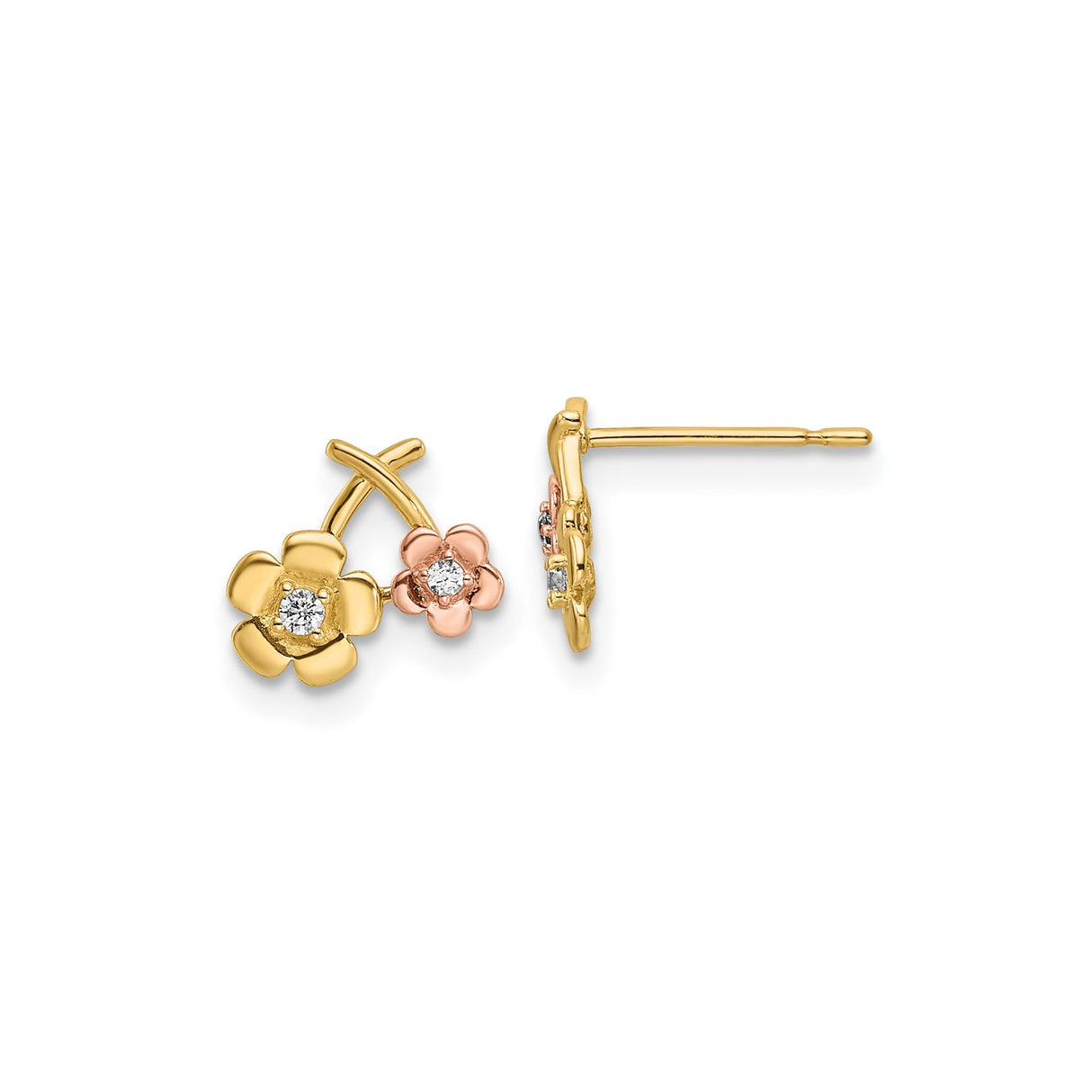 14k Yellow Gold Stud Earrings with Cubic Zirconia, Two-Tone Floral Double Petal Design