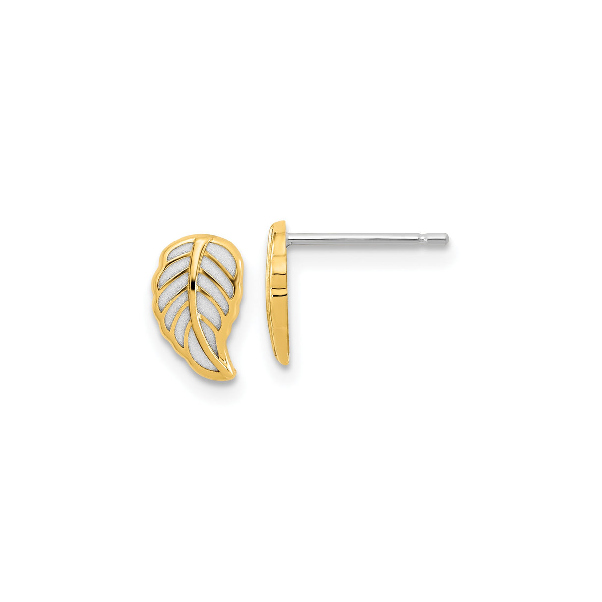 14k Yellow Gold Angel Wing Stud Earrings with Textured Two-Tone Design, Christian Faith Theme