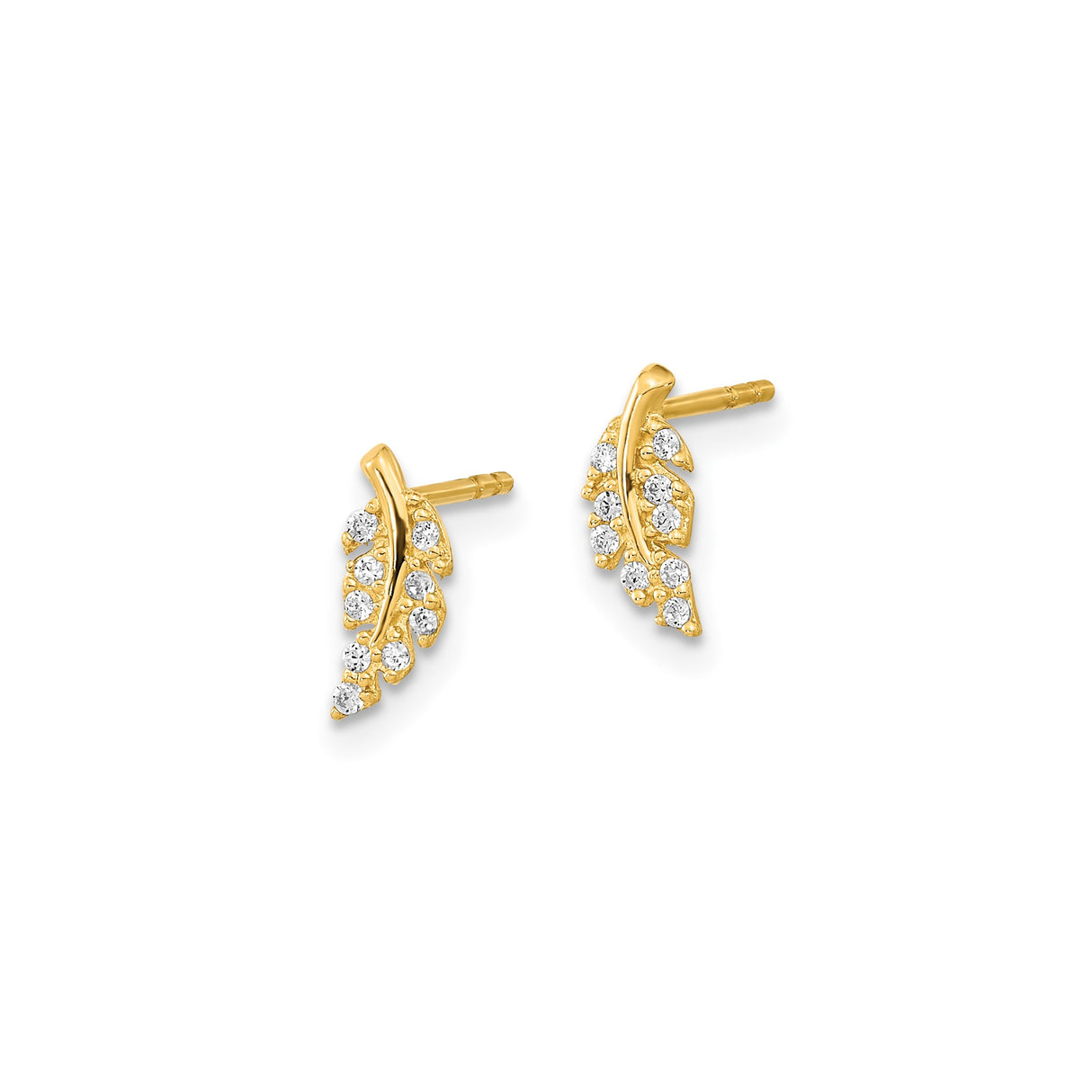 14k Yellow Gold Leaf Stud Earrings with Cubic Zirconia, Nature Inspired Botanical Design