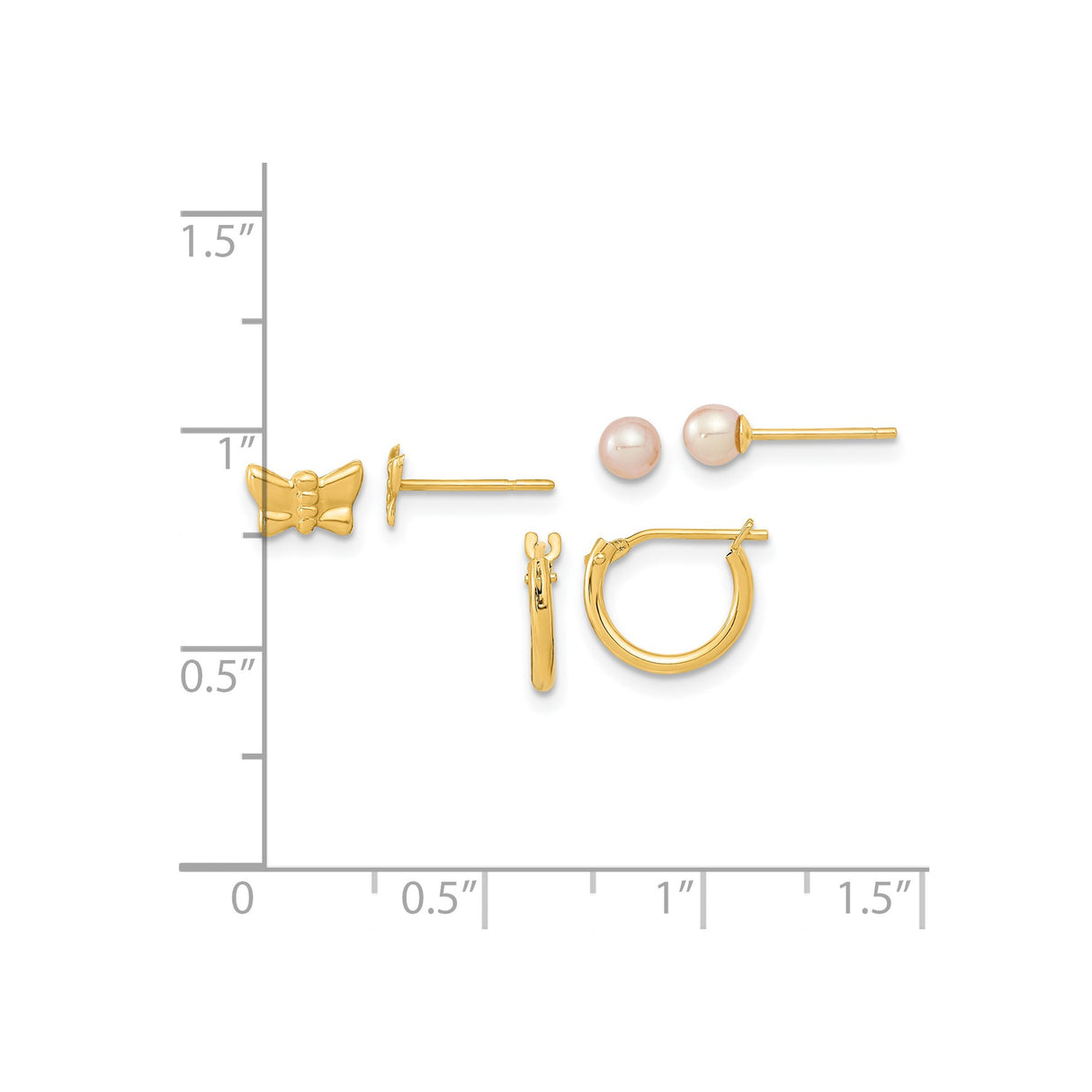 14k Yellow Gold Earrings Set with Butterfly Studs, Pearl Studs, and Classic Hoops