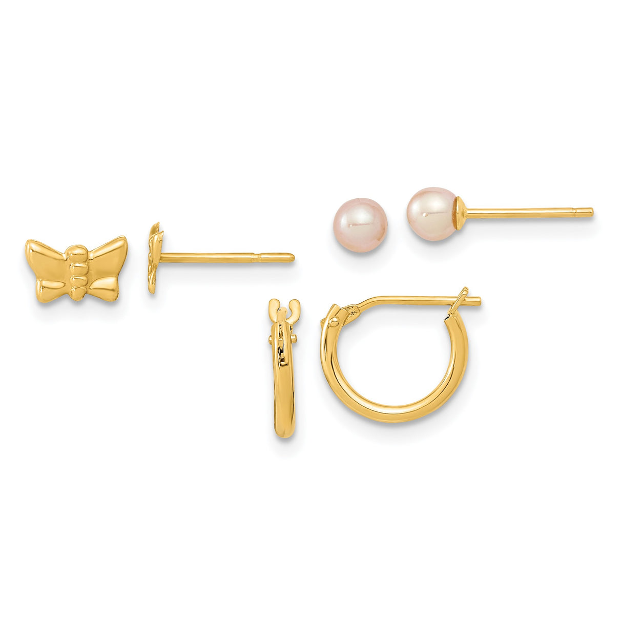 14k Yellow Gold Earrings Set with Butterfly Studs, Pearl Studs, and Classic Hoops