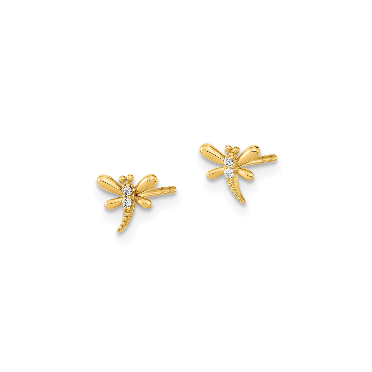 14k Yellow Gold Dragonfly Stud Earrings with Cubic Zirconia, Nature-Inspired Design for Women
