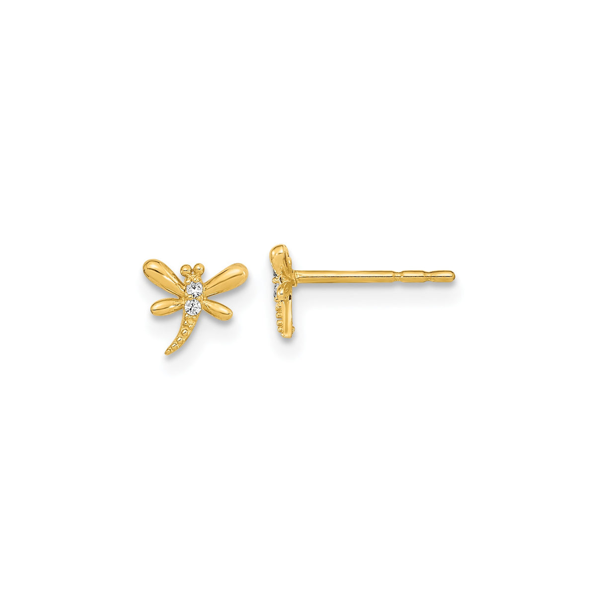 14k Yellow Gold Dragonfly Stud Earrings with Cubic Zirconia, Nature-Inspired Design for Women