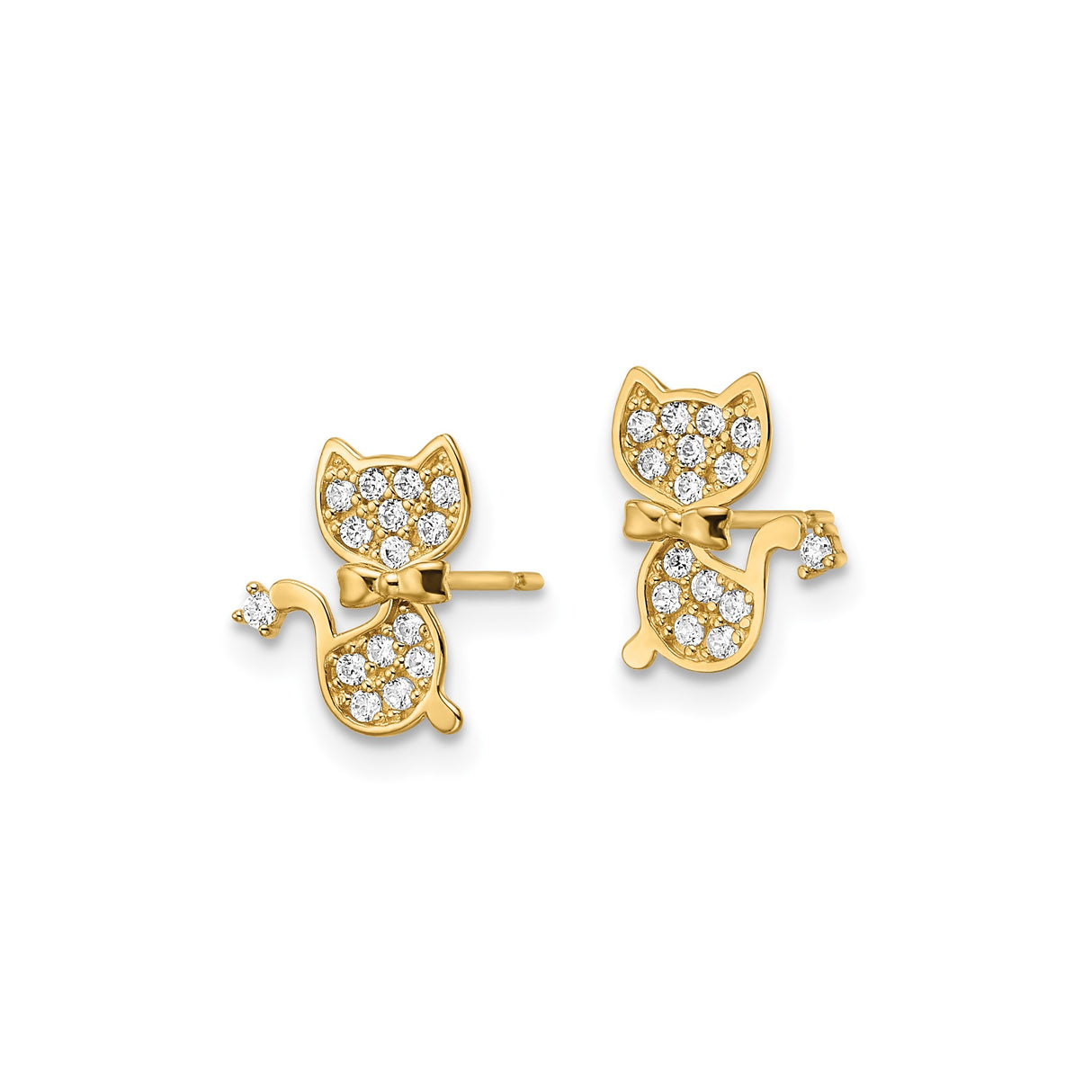 14k Yellow Gold Cat Stud Earrings with Cubic Zirconia and Bow Detail