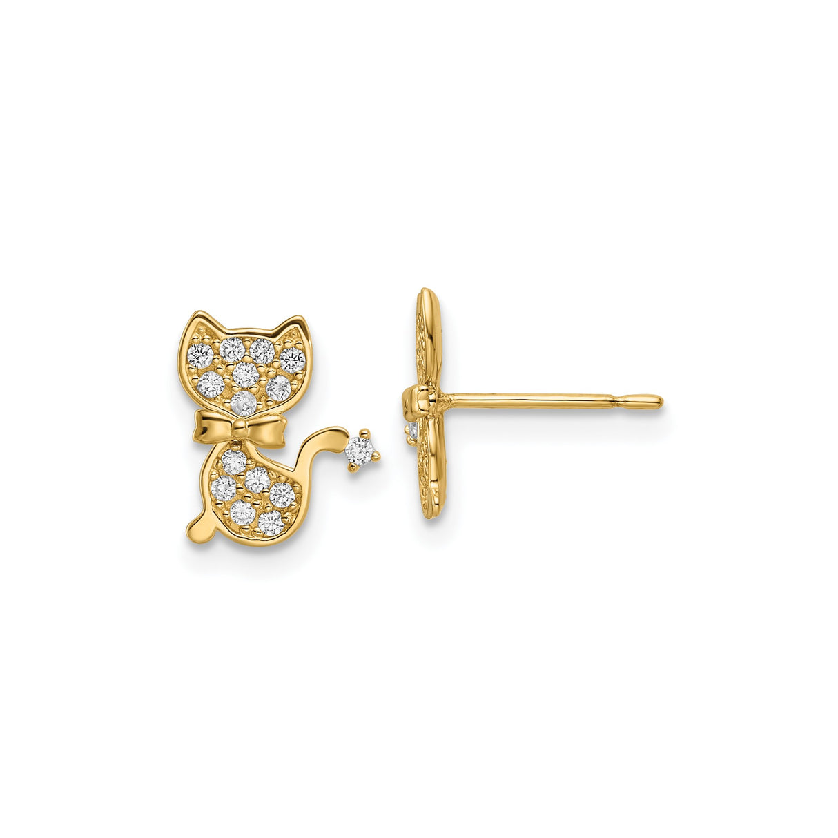 14k Yellow Gold Cat Stud Earrings with Cubic Zirconia and Bow Detail