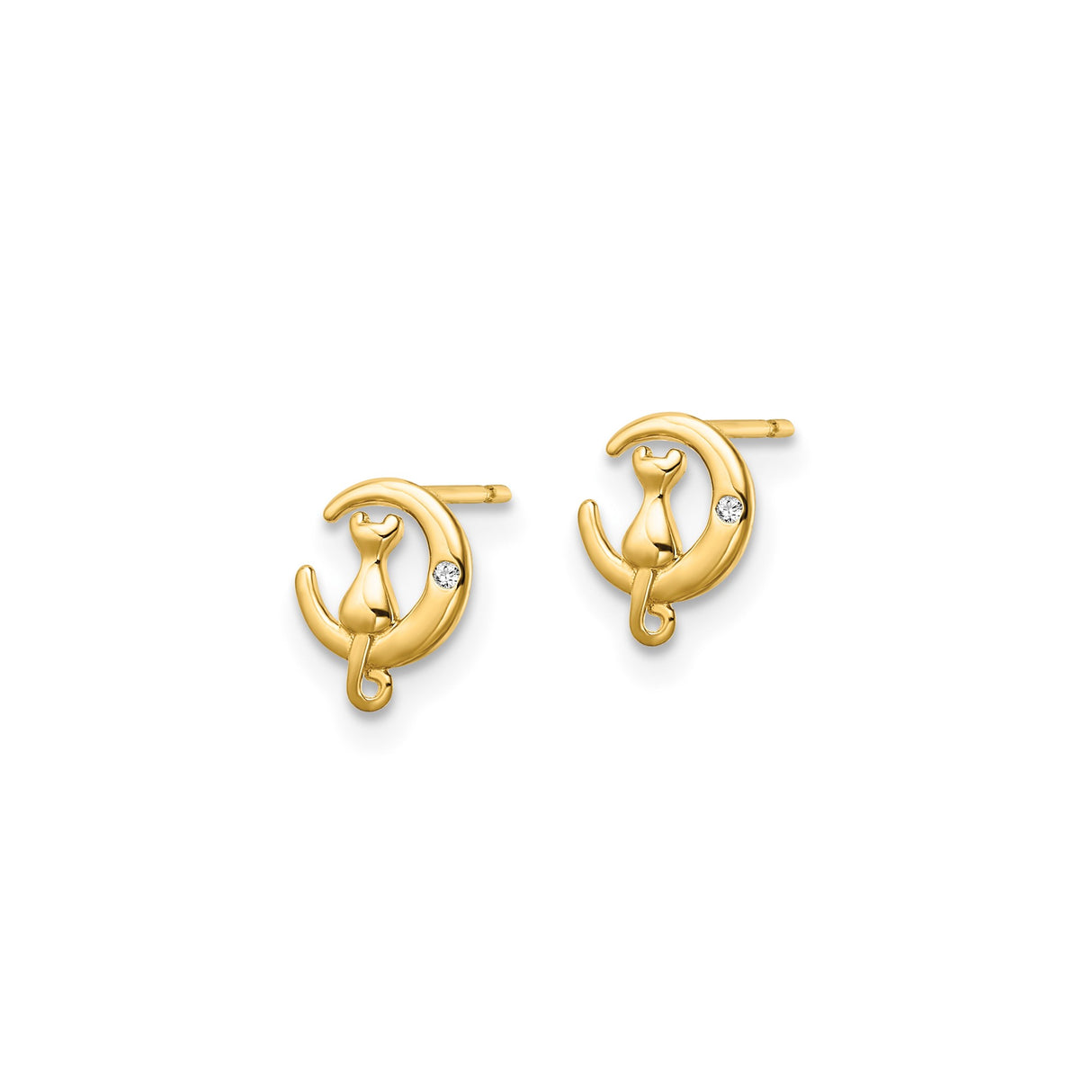14k Yellow Gold Stud Earrings with Cubic Zirconia, Cat on Crescent Moon, Celestial Design