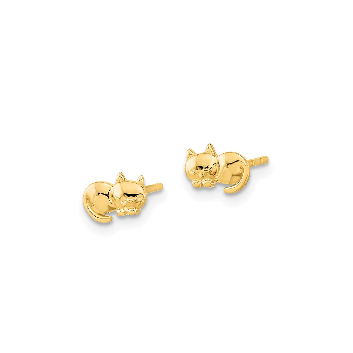 14k Yellow Gold Cat Stud Earrings, Sleeping Feline Design, Minimalist Animal Theme for Women