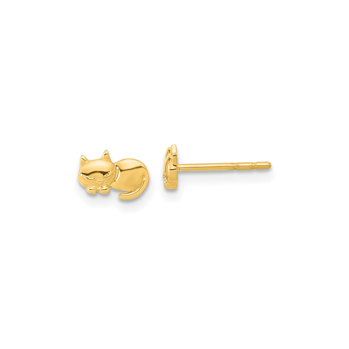 14k Yellow Gold Cat Stud Earrings, Sleeping Feline Design, Minimalist Animal Theme for Women
