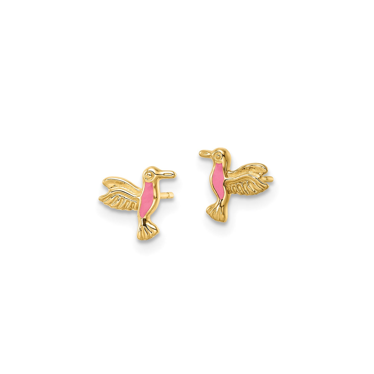 14k Yellow Gold Hummingbird Stud Earrings with Pink Enamel Accent, Dainty Bird Design