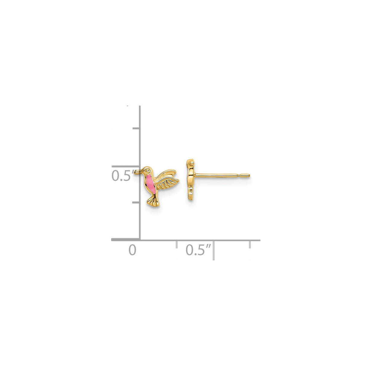 14k Yellow Gold Hummingbird Stud Earrings with Pink Enamel Accent, Dainty Bird Design