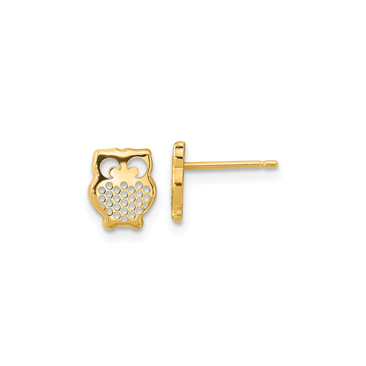 14k Yellow Gold Owl Stud Earrings with Honeycomb Cutout Design for Women and Girls
