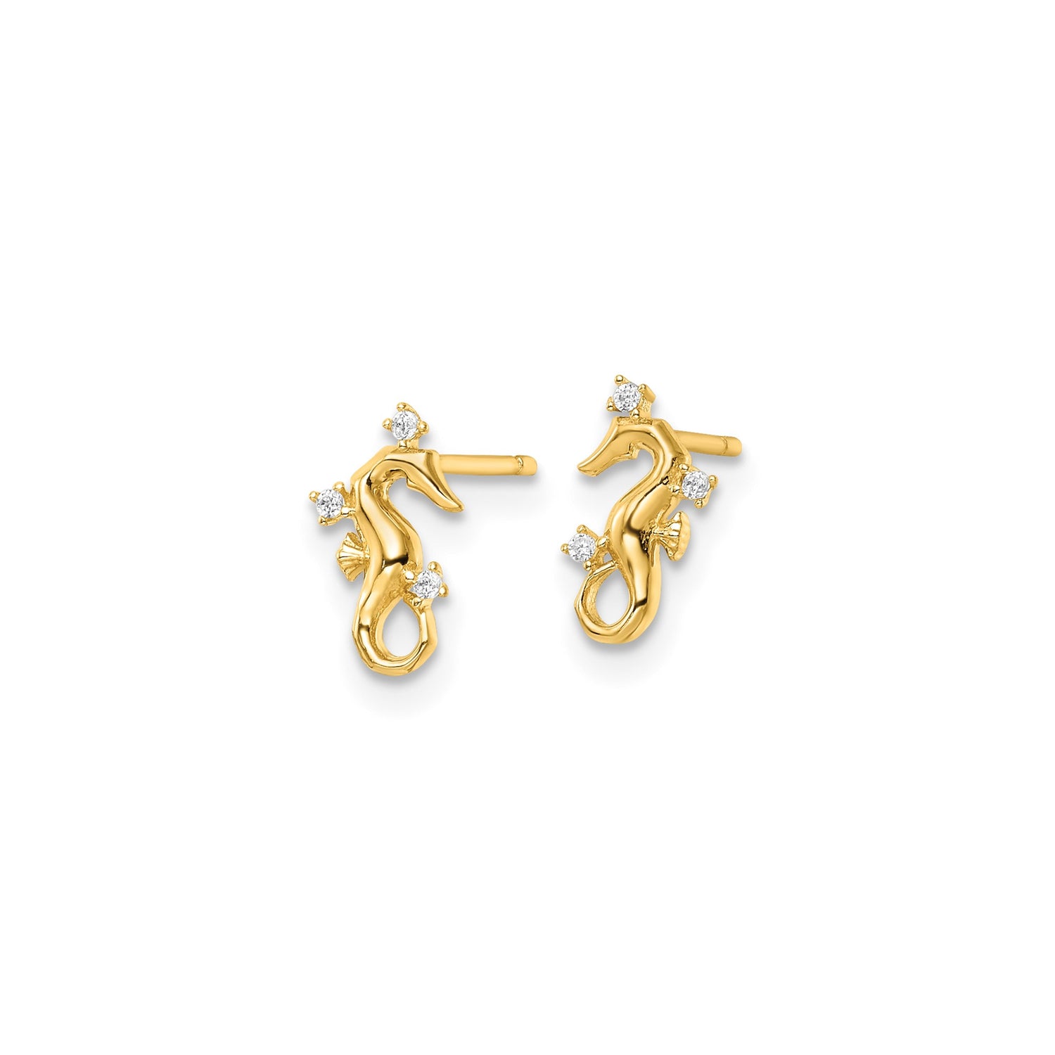 14k Yellow Gold Seahorse Stud Earrings with Cubic Zirconia, Nautical Marine Life Design