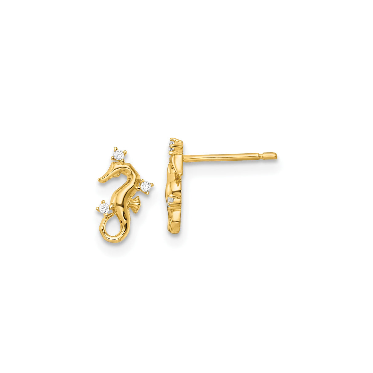 14k Yellow Gold Seahorse Stud Earrings with Cubic Zirconia, Nautical Marine Life Design