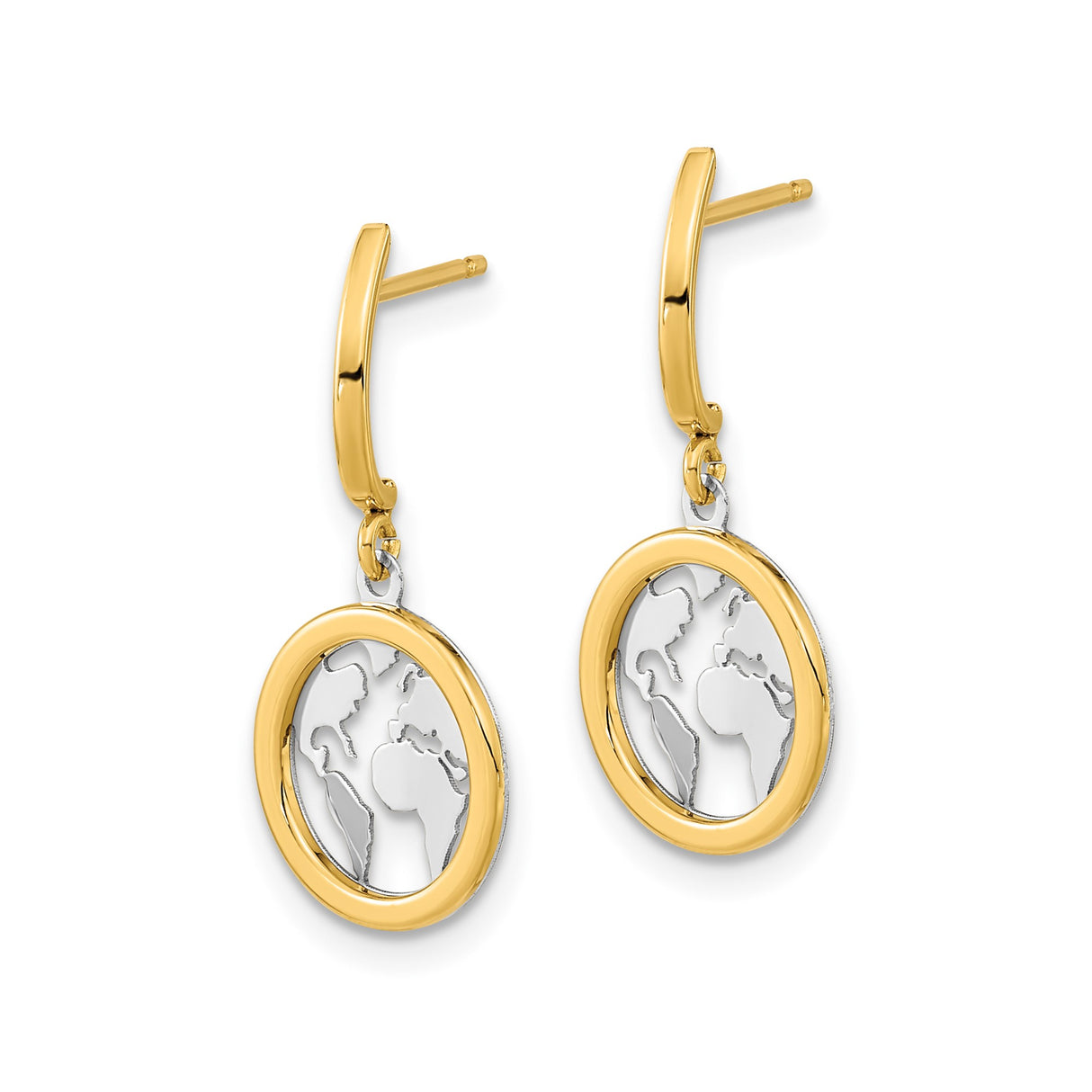 14k Yellow Gold Dangle Earrings, Polished World Map Two-Tone Globe Design for Women