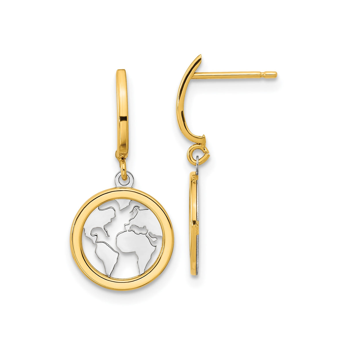 14k Yellow Gold Dangle Earrings, Polished World Map Two-Tone Globe Design for Women