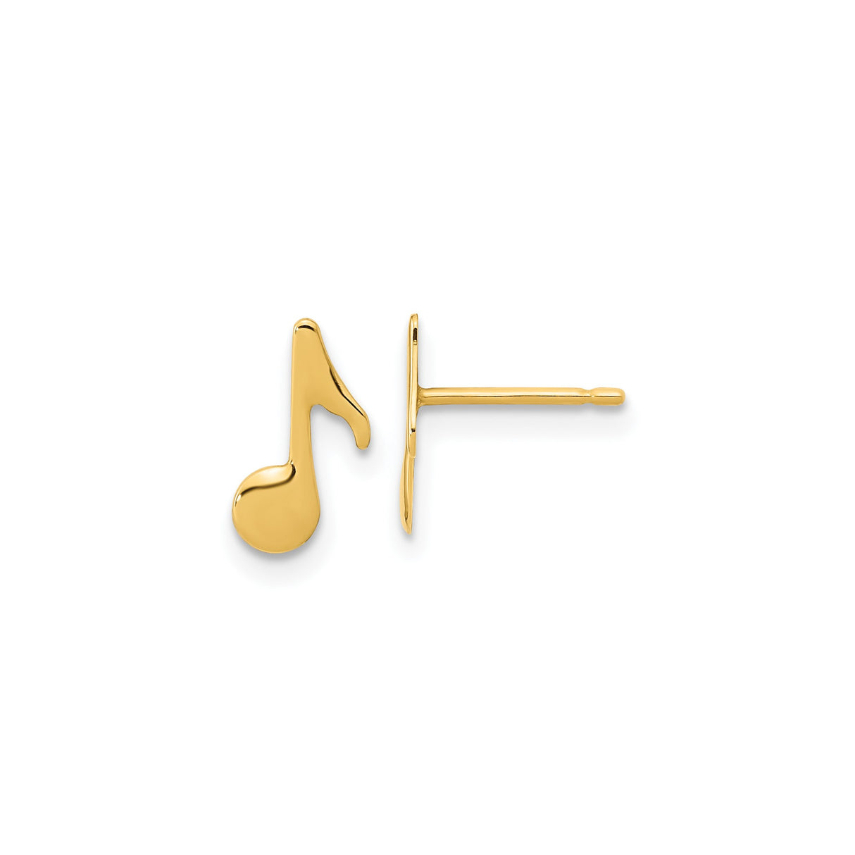 14k Yellow Gold Music Note Stud Earrings, Polished Eighth Note Design, Minimalist Jewelry