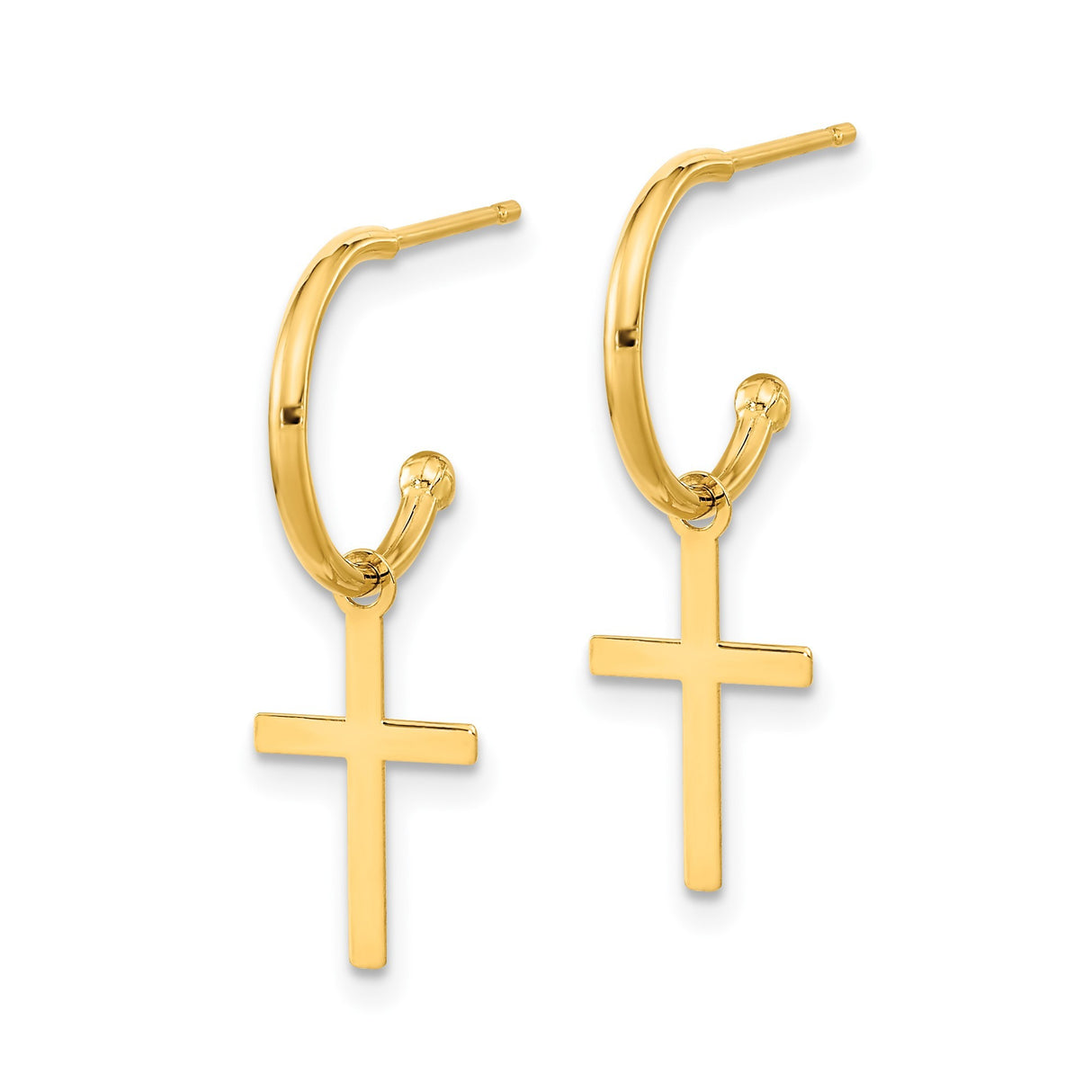 14k Yellow Gold Hoop Earrings with Dangling Cross Charms, Christian Jewelry for Women
