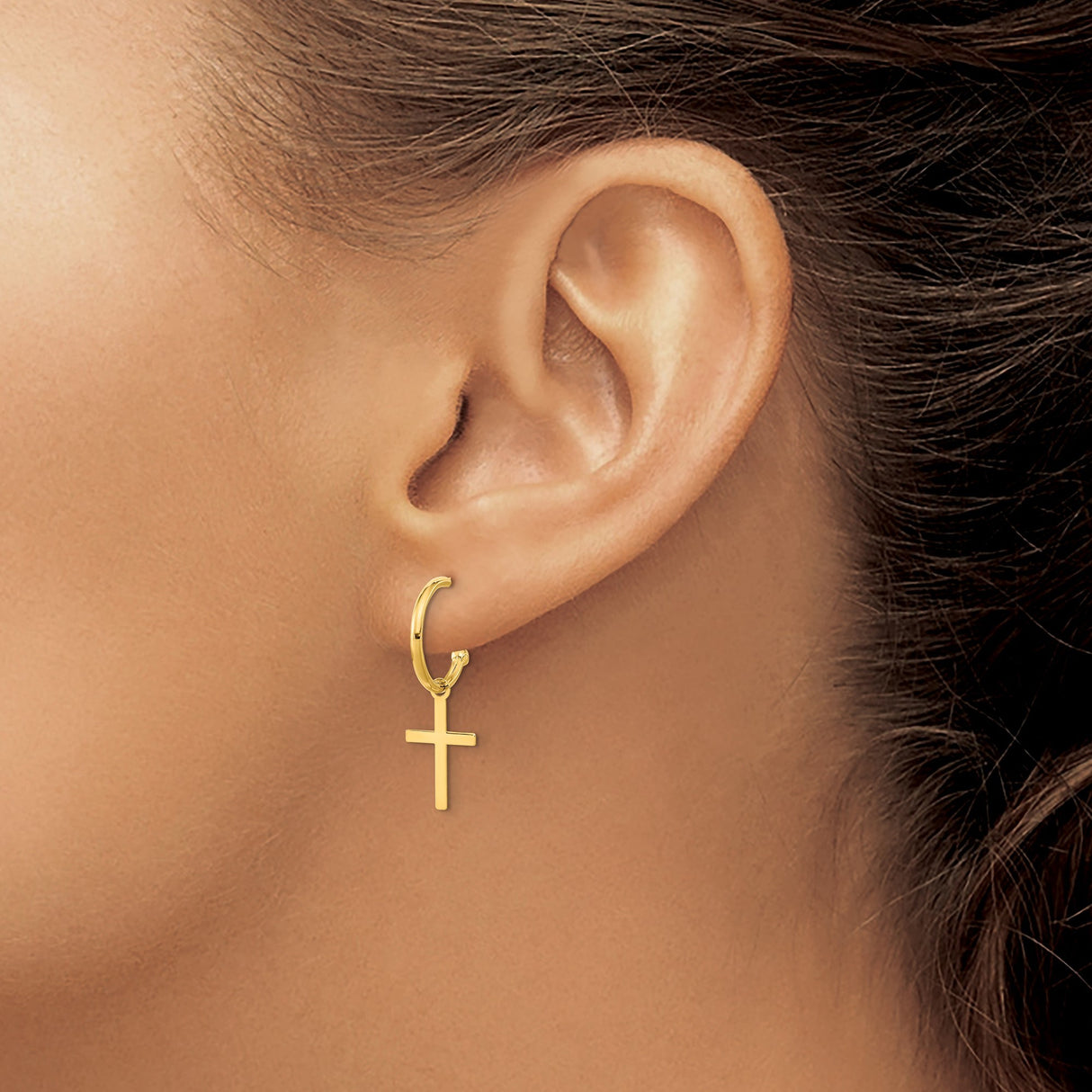 14k Yellow Gold Hoop Earrings with Dangling Cross Charms, Christian Jewelry for Women