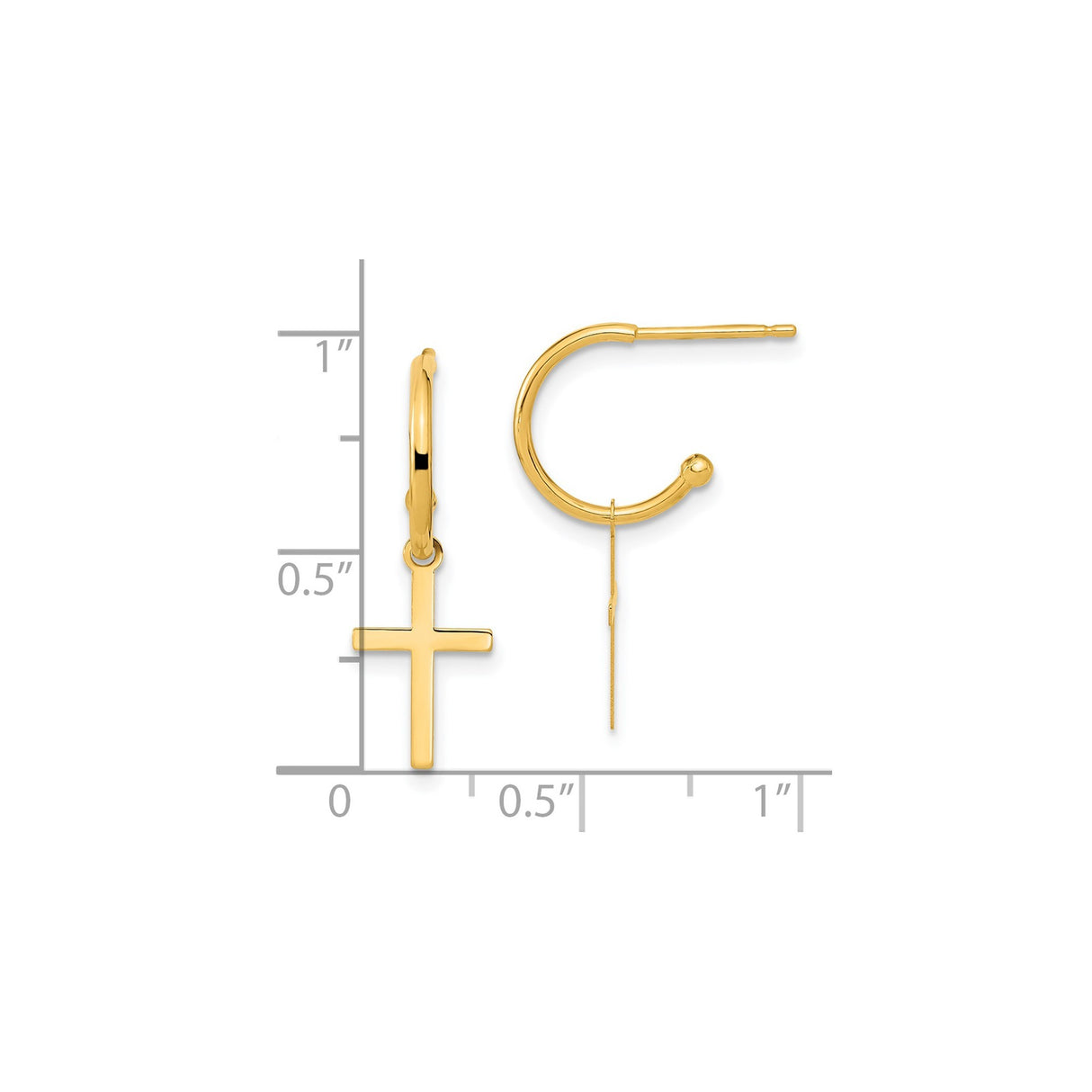 14k Yellow Gold Hoop Earrings with Dangling Cross Charms, Christian Jewelry for Women