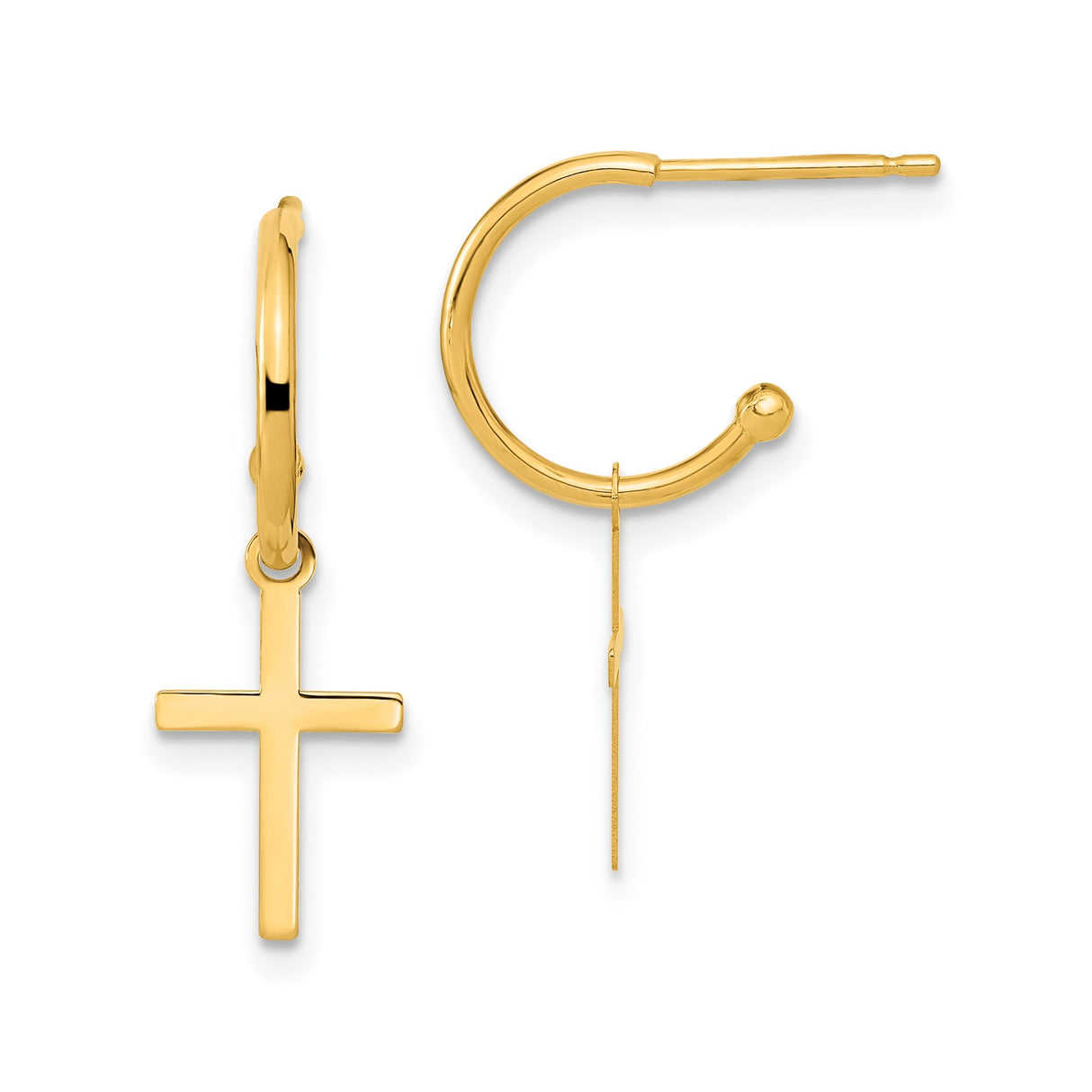 14k Yellow Gold Hoop Earrings with Dangling Cross Charms, Christian Jewelry for Women