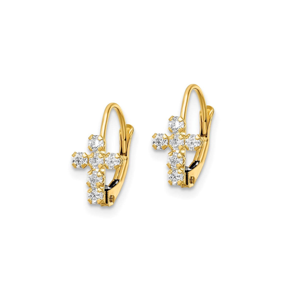 14k Yellow Gold Cross Earrings with Cubic Zirconia, Christian Dangle Design, Leverback Closure