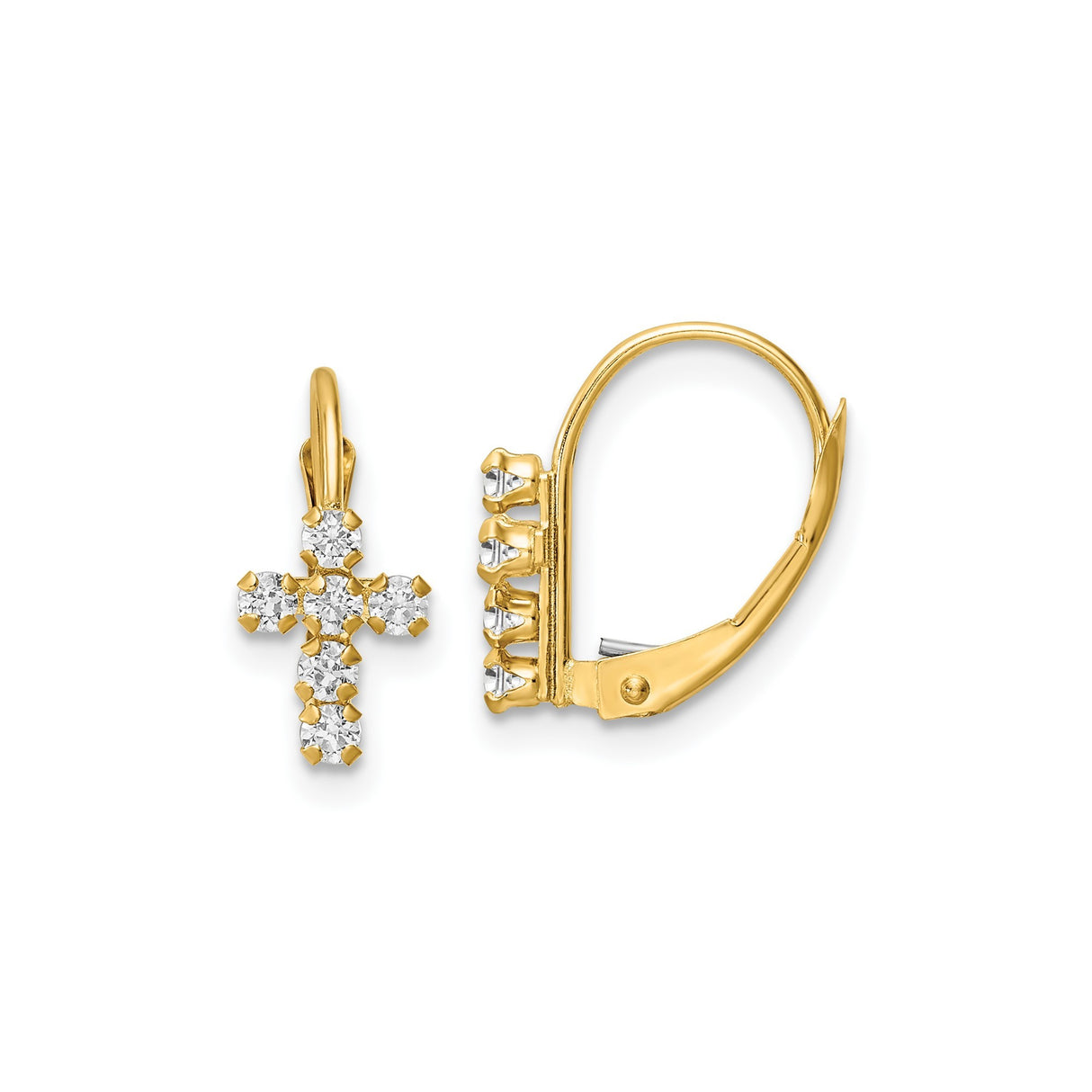 14k Yellow Gold Cross Earrings with Cubic Zirconia, Christian Dangle Design, Leverback Closure