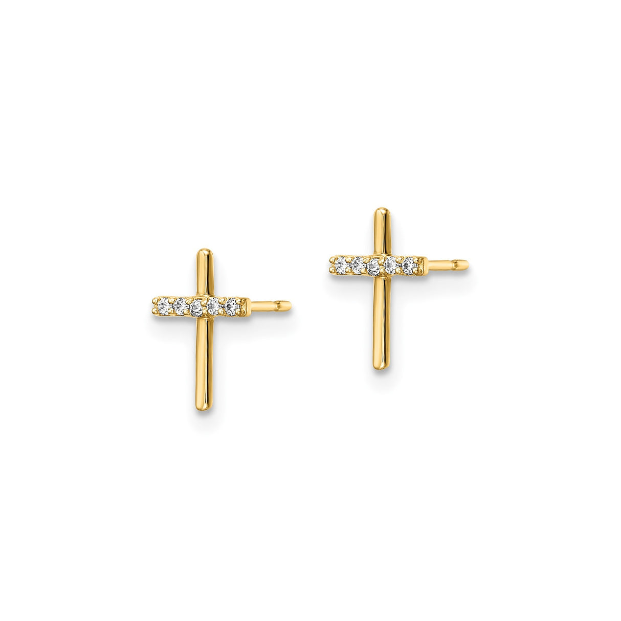 14k Yellow Gold Cross Stud Earrings with Cubic Zirconia Accents, Dainty Christian Jewelry