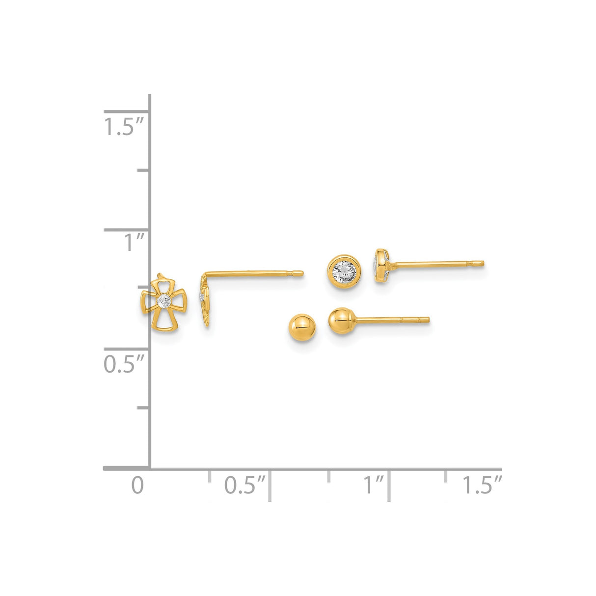14k Yellow Gold Earrings Set, Cross with Cubic Zirconia, Bezel Studs, Polished Ball Studs