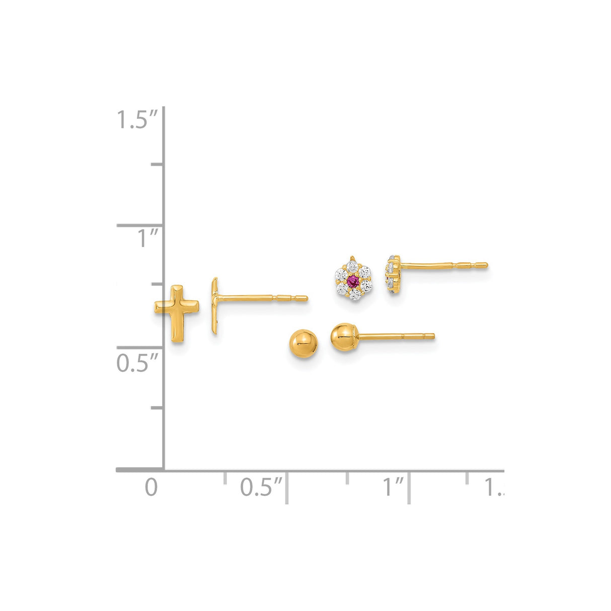 14k Yellow Gold Stud Earrings, Cross, Ruby Center Flower, Diamond Accent, Ball Design Trio Set