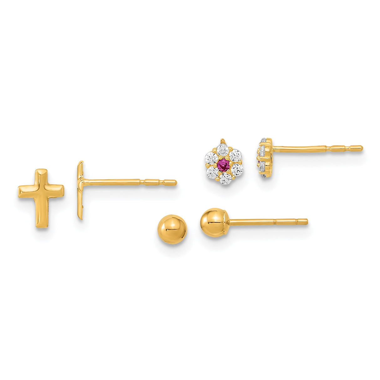14k Yellow Gold Stud Earrings, Cross, Ruby Center Flower, Diamond Accent, Ball Design Trio Set
