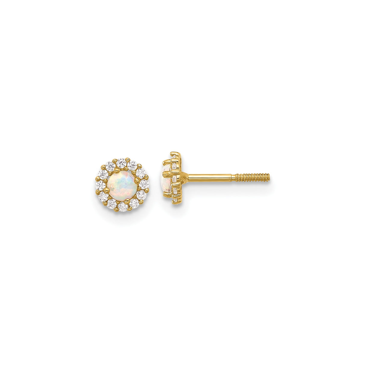 14k Yellow Gold Stud Earrings with Round Created Opal and Cubic Zirconia Halo