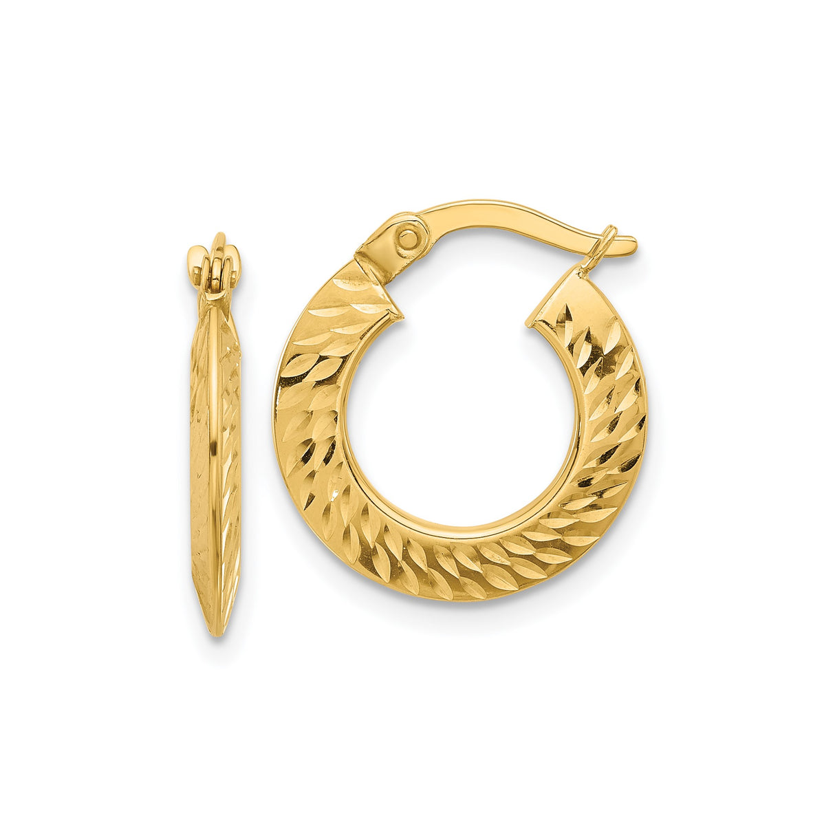 14k Yellow Gold Hoop Earrings, Diamond-Cut with Textured Leaf Pattern, Latch-Back Closure