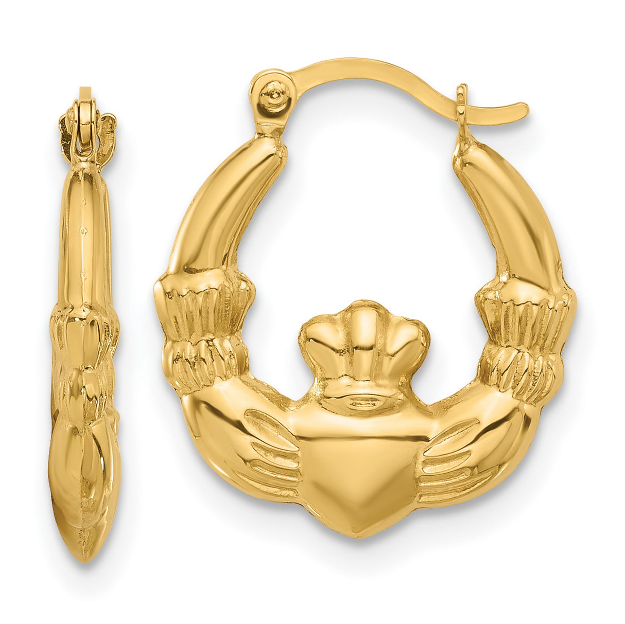 14k Yellow Gold Claddagh Hoop Earrings with Heart and Crown Design, Celtic Irish Jewelry for Women