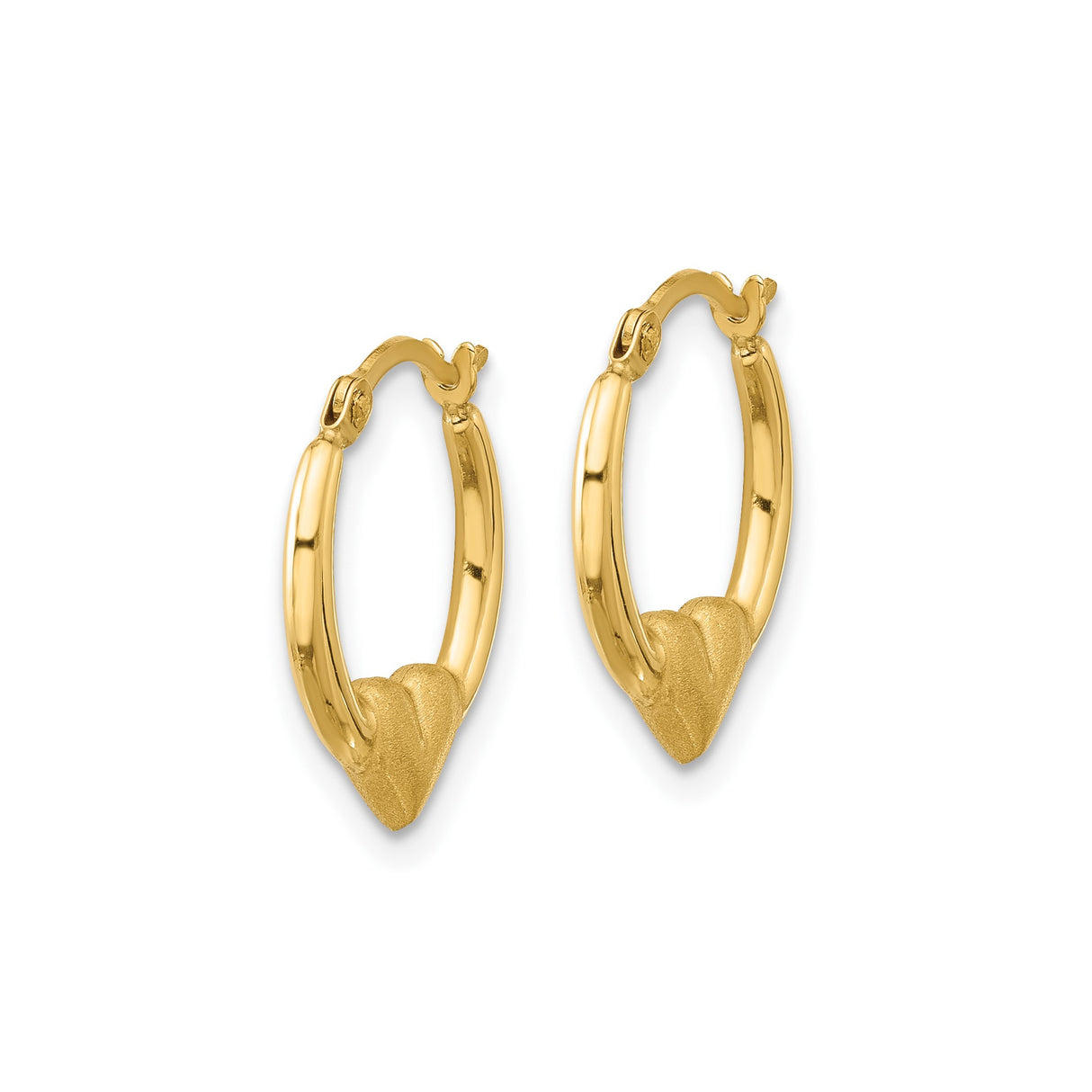 14k Yellow Gold Hoop Earrings with Textured Heart Detail and Polished Finish