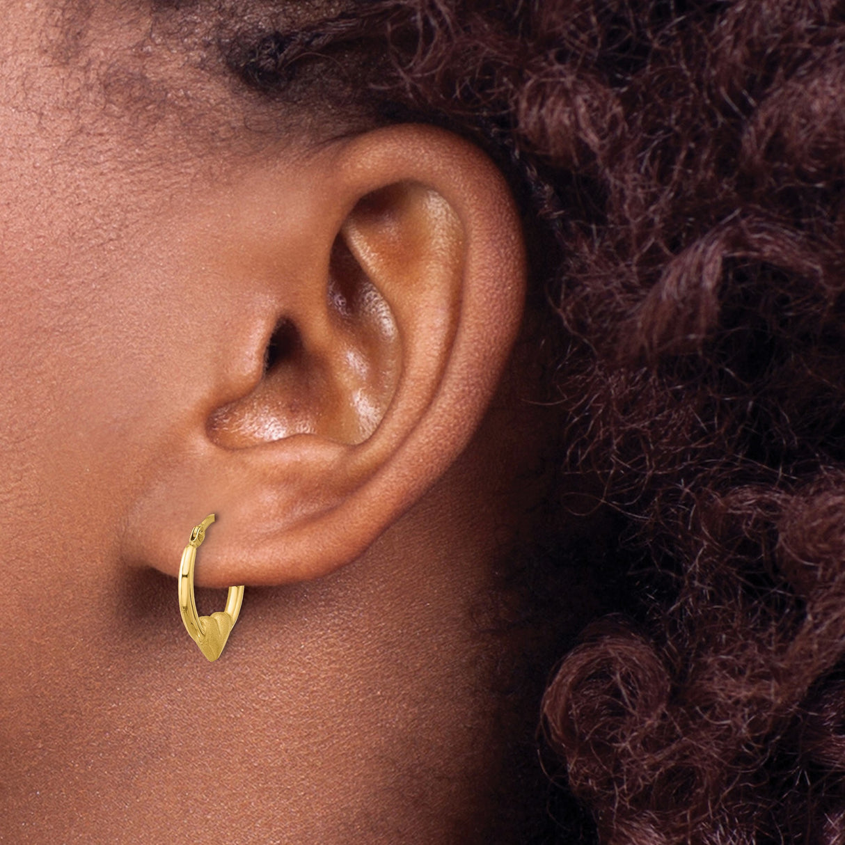 14k Yellow Gold Hoop Earrings with Textured Heart Detail and Polished Finish