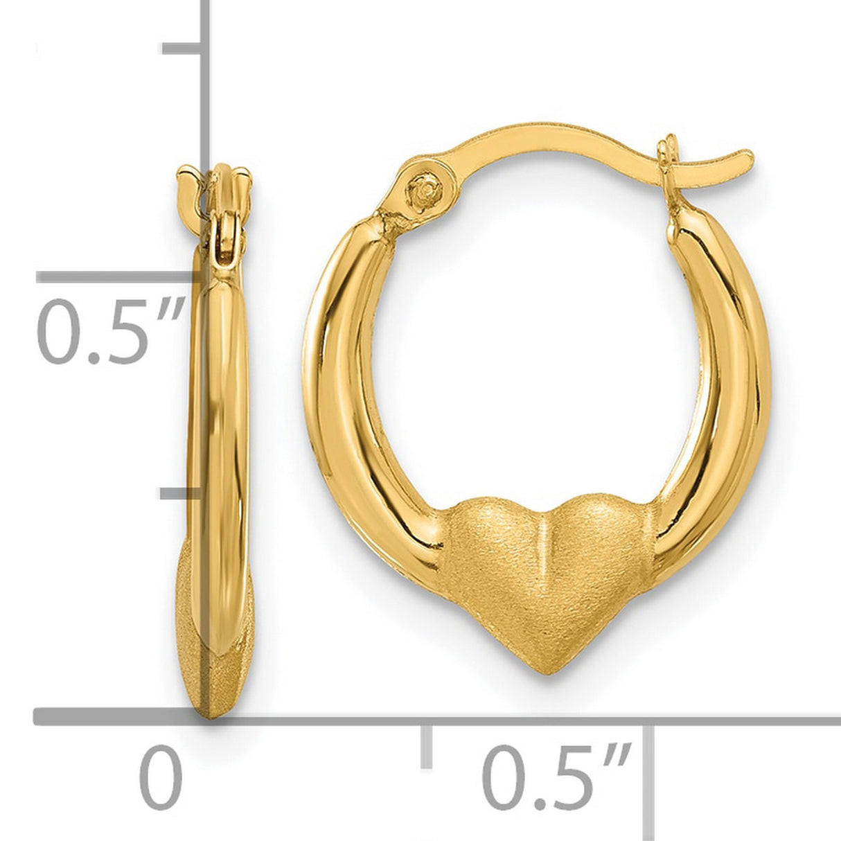14k Yellow Gold Hoop Earrings with Textured Heart Detail and Polished Finish
