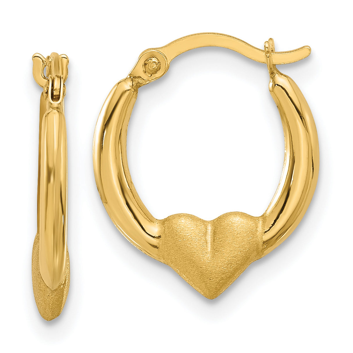14k Yellow Gold Hoop Earrings with Textured Heart Detail and Polished Finish