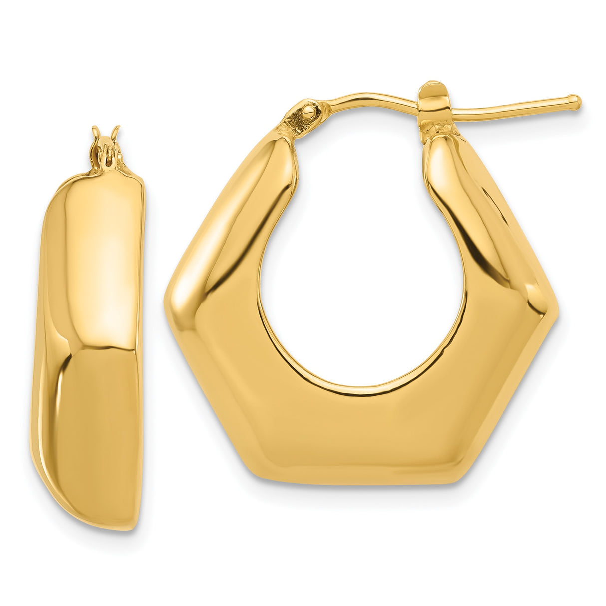 14k Yellow Gold Hexagon Hoop Earrings, Modern Geometric Lightweight Design for Women