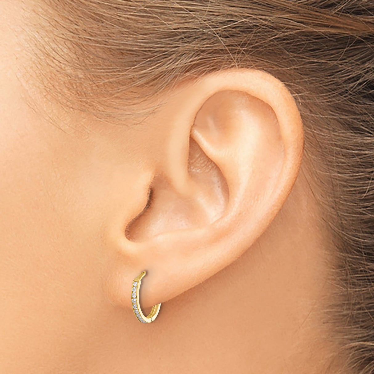 14k Yellow Gold Hoop Earrings with Cubic Zirconia in Channel Setting, Classic Huggie Style for Women