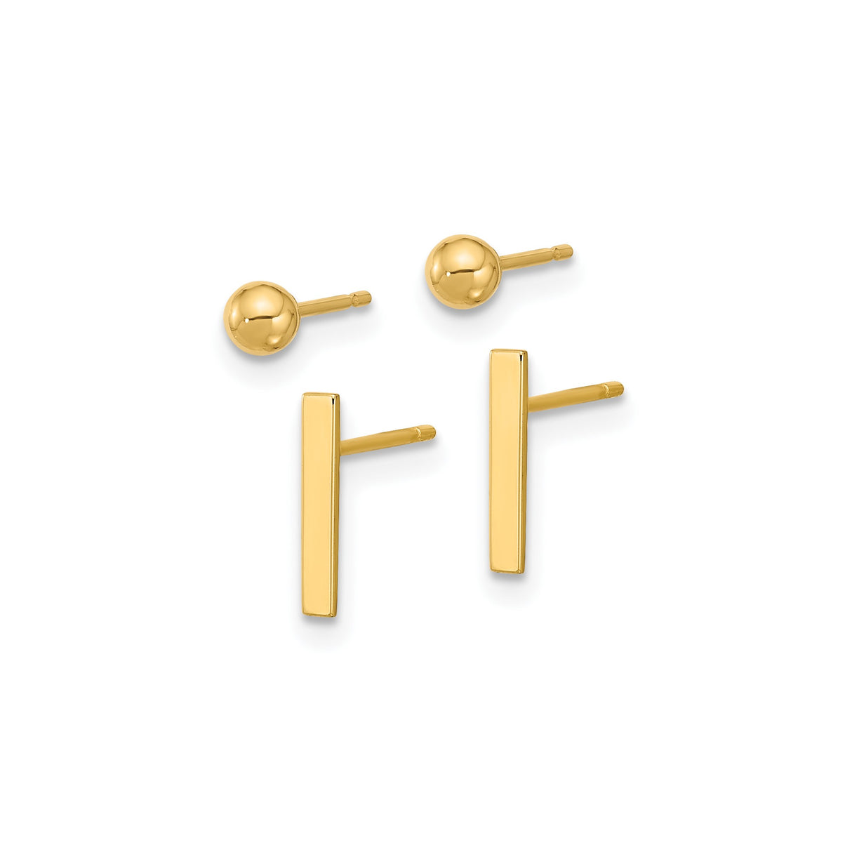 14k Yellow Gold Stud Earrings with Bar and Ball Designs, Modern Minimalist Geometric Style