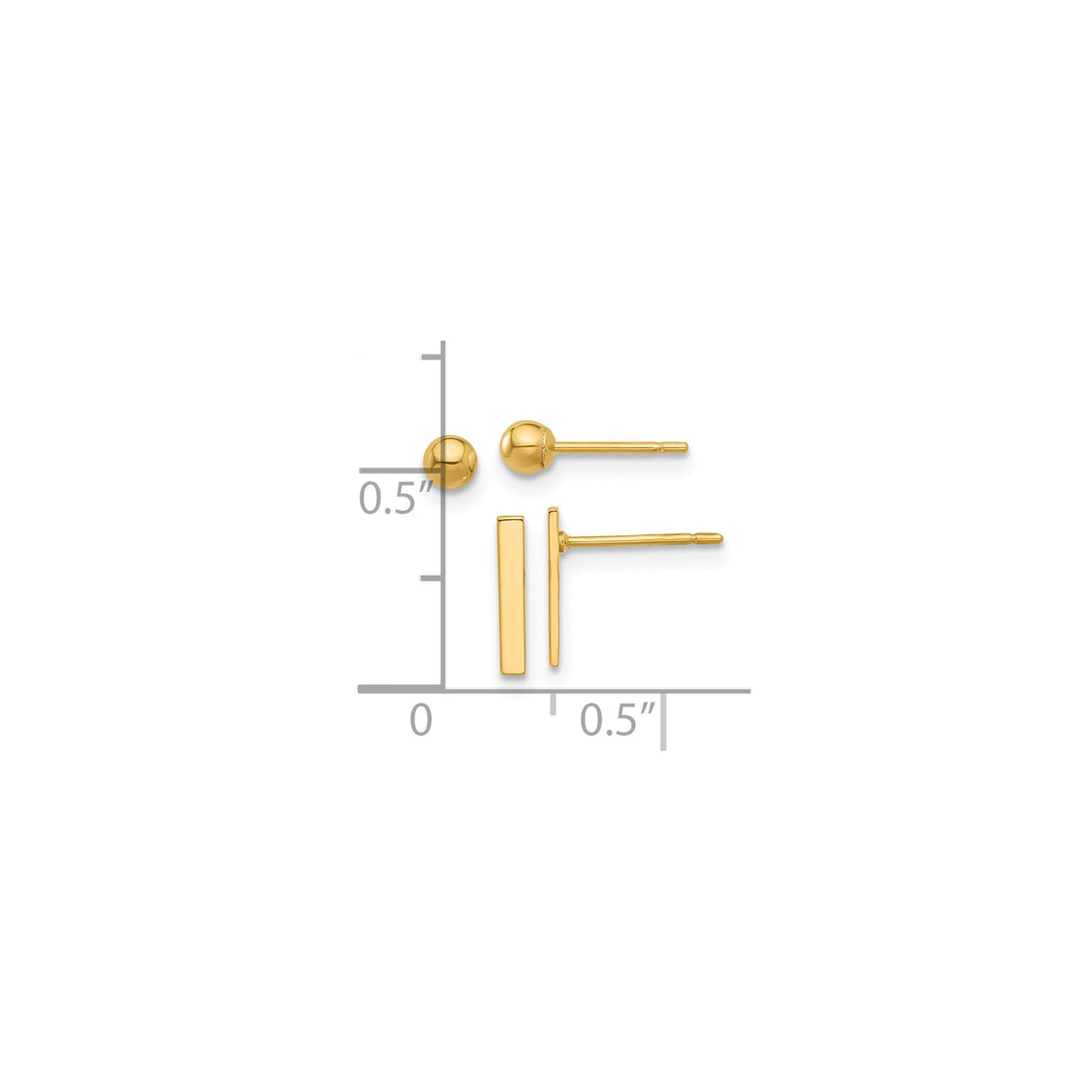 14k Yellow Gold Stud Earrings with Bar and Ball Designs, Modern Minimalist Geometric Style
