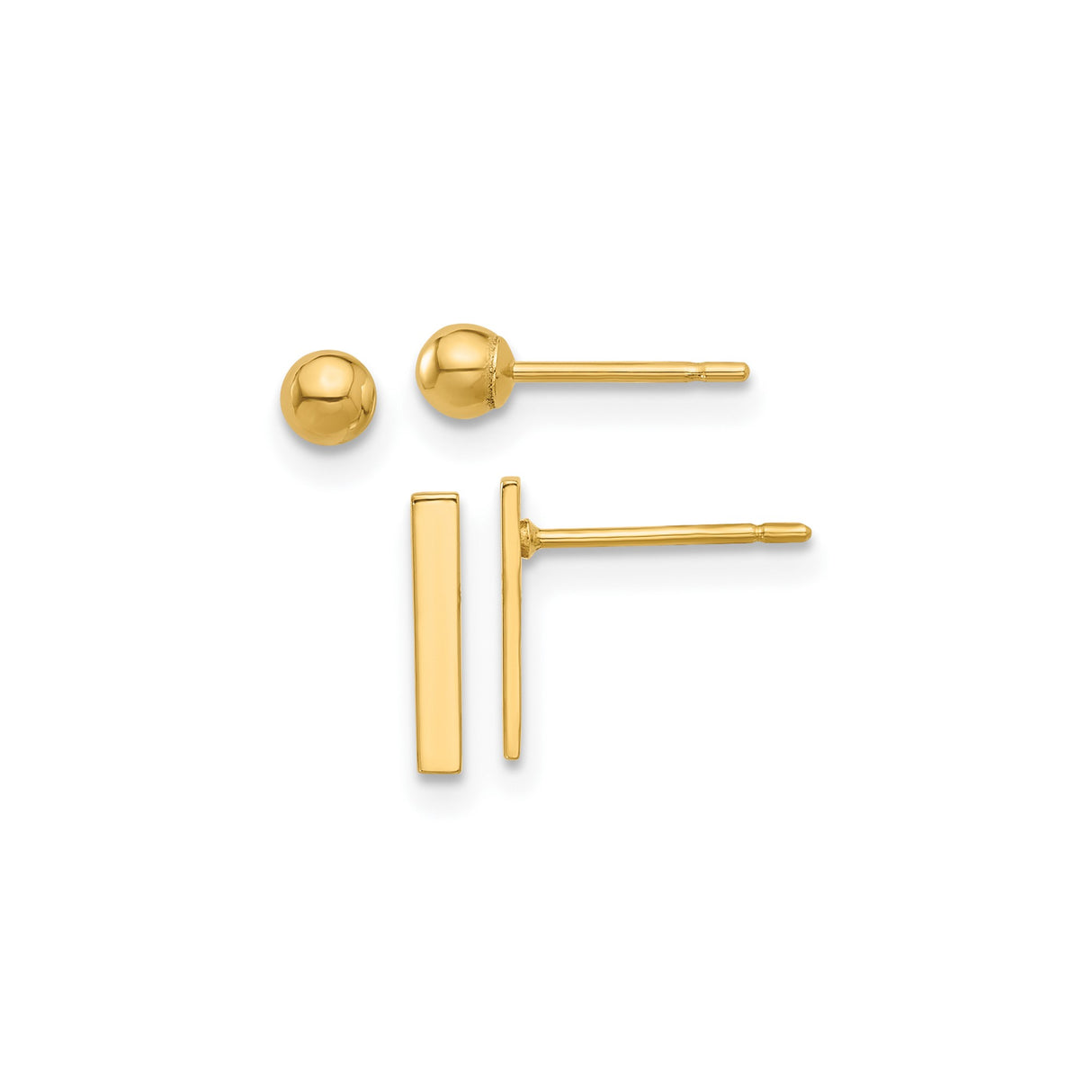 14k Yellow Gold Stud Earrings with Bar and Ball Designs, Modern Minimalist Geometric Style