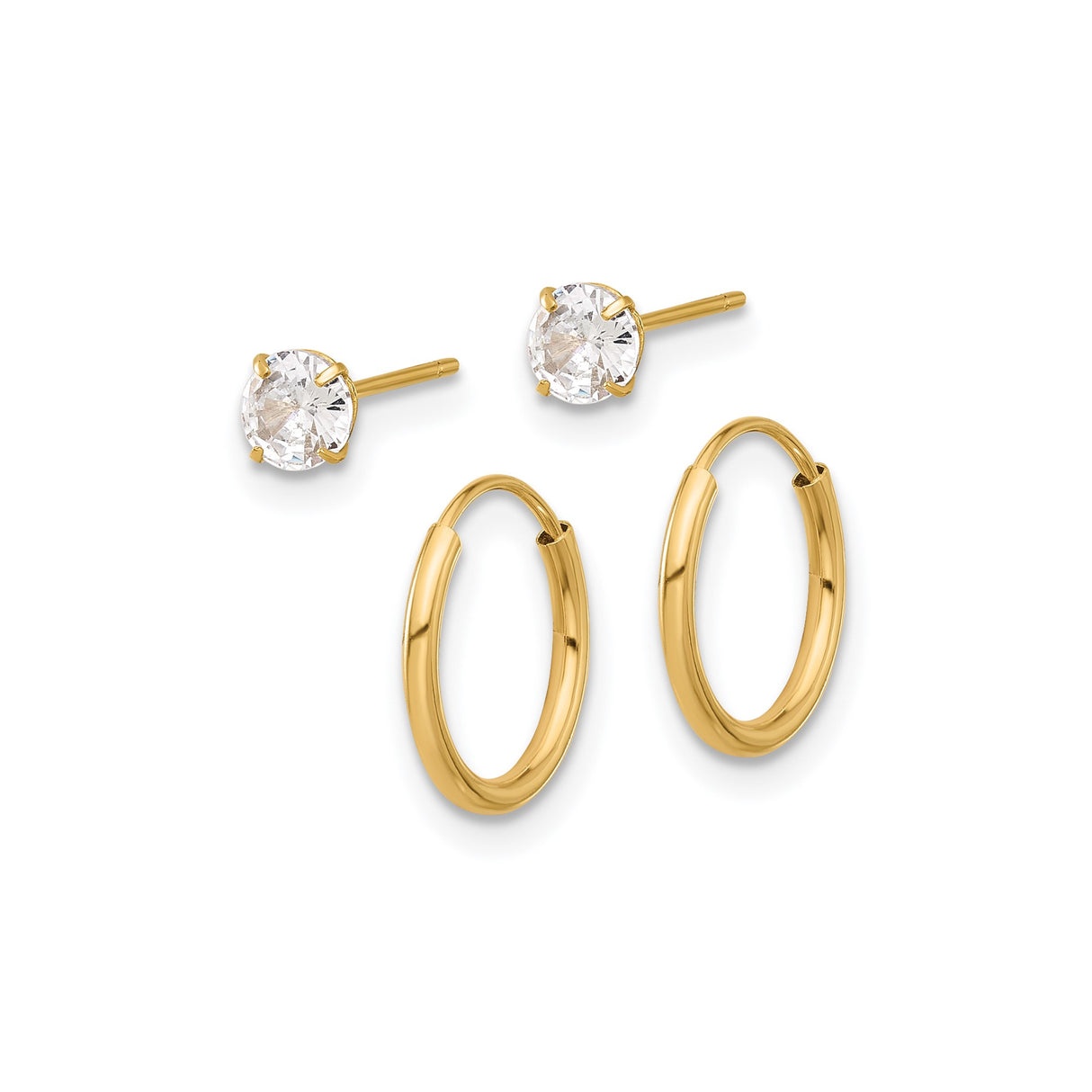 14k Yellow Gold Earring Set, Round Solitaire Cubic Zirconia Studs and Small Polished Hoops